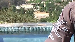 Hot blonde babe gets banged by poolside
