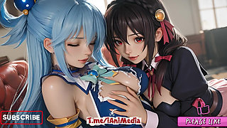 Sfw Aqua and Yunyun From Konosuba Soft Show Touching and Kissing Lesbian