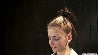 Petite brunette Sensi Pearl tied up and fucked hard against the wall