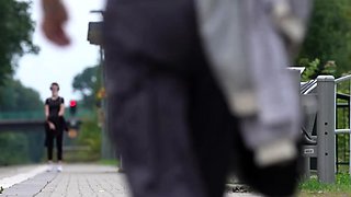 Outdoor anal solo and masturbating blonde