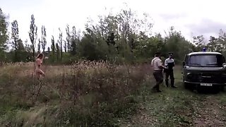 Leashed slave girl runs naked and learns to fetch