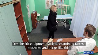 Blonde teen with small tits gets slammed hard on the doctors' surgery desk in fake hospital