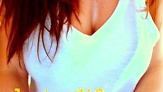 Busty curly brunette with big boobs fucks on couch