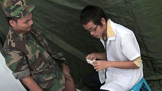 Slim Asian doctor barebacking soldier
