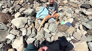 Triple sex with blonde and brunette on nudist beach