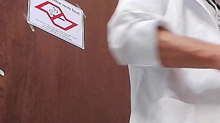 Nurse Takes off Condom While Having Sex with Asian Doctor in Hospital Bathroom