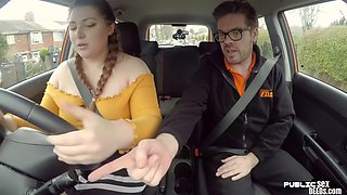Amateur BBW slut fucked by driving instructor outdoors in car