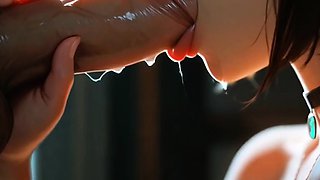 Black bob haired girl deepthroats cock in dim window room