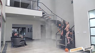 Two blonde girls getting shared in a crazy forsome on the bed