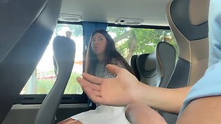 Risky public bus handjob with cum on russian babe's hand