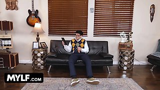 Step daughter catches stepmom's fresh boyfriend masturbation On The Couch in the living room - mylf