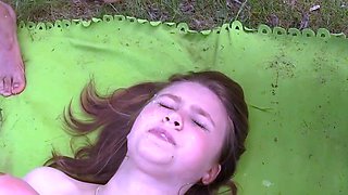 Outdoor gang bang with big cocks and a teen