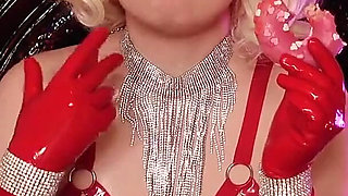 Sexy Hot Blonde MILF Eating Donuts - Food Fetish in Latex Rubber Opera Long Gloves
