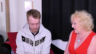 Blonde Granny In Red Dress Seduces Horny Guy For Hot Fuck
