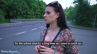 Lustful Czech brunette is happy to publicly fuck with a stranger for money.