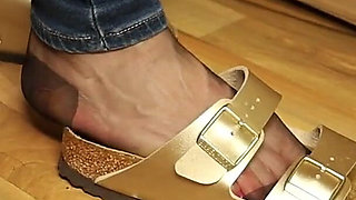 Nylons & Tight Jeans - Dangling in Classic Sandals