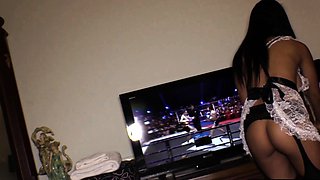 Busty Thai MILF in uniform fucks master