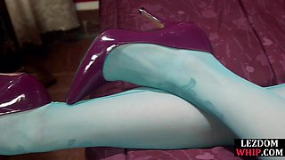Lezdom MILF whips redhead sub before fucks her with strapon
