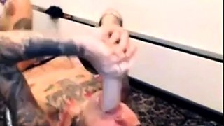 Tattooed Blonde Rough Throat Sex With Dildo On Webcam