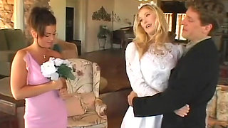 Bride, groom and bridesmaid in furious threesome fucking