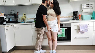Amateur Homemade Handjob: Spanish Brunette with Natural Tits Gives Buddy a Cum in Mouth Finish in Kitchen