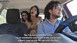 Two Lesbian Hitchhikers Give Me a Double Blowjob and Standing Fuck Outdoor