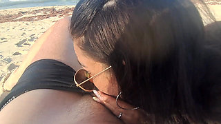 MILF Sucks Cock and Swallows Cum on the Beach POV