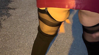 Slut with Ball Gag Outdoors: Sheer Top Big Tits and Leather Mini Skirt