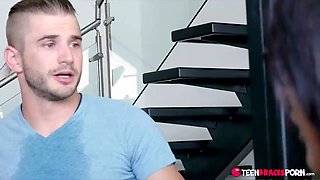 They rub each other, and then Emori takes his dick between her tits