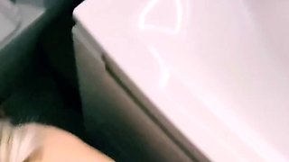 Big-Titted Blonde Teen's Deepthroat Bathroom Blowjob