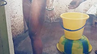 Outdoor Bathing My Pregnant Girlfriend in Dirty Environment