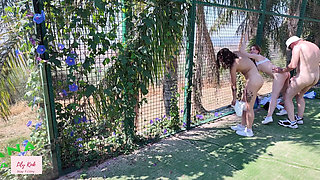 Mature Swingers Outdoor Tennis Court Reverse Gangbang