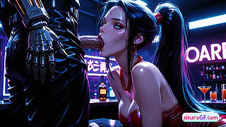 Black-haired cyber slut rips off her dress & gets fucked deep on the neon bar