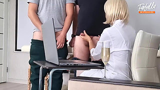 Sexy Nurse Helps Two Patients Donate Sperm. Threesome Mfm. Blowjob and Creampie. Full Scene