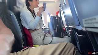 Amateur Brunette Katty West Risky Public Handjob on Airplane Until Huge Cum Load
