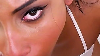 18 years old ebony Blue Skye POV suck white cock and cum swallow