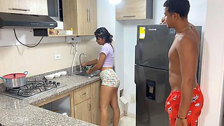 Big ass stepsister fucks stepbrother in the kitchen after seeing his huge cock until she fills his ass with a lot of milk