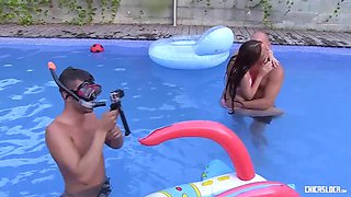 Russian Brunette Teen Gets Filled with Cream in Poolside MMF Threesome with Stacy Snake