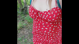 Flashing tits, fat pussy, and ass on public outdoor nature trail forest, red dildo in pussy after