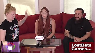 Blonde & Redhead Threesome Strip Game - Julie Shows Off Her Big Tits & Dildo Fun
