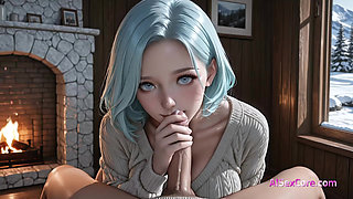 Winter sex bomb explodes in the cabin and wild facial splashes her blue hair and tits (AI)