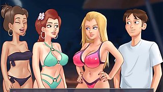 Summertime saga cartoon, beach threesome, fantasy
