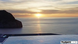 Sensual blonde beauty provides impeccable views during a poolside sex