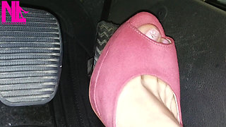 Barefoot Driving and Revving in Vivid Pink High Heeled Sandals