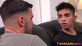 Barebacked Latin twink cums on leather sofa while assfucked