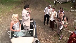 Huge tits babes drain two guys outdoors in hot anal orgy
