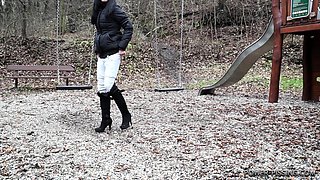 Brunette Amateur Nailed Outdoors In Public