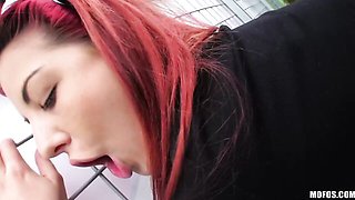 Redhead chick in stockings Sophia Wild is enjoying this massive dick