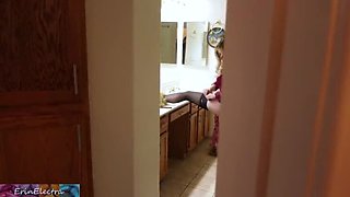 Step-mom Erin gets ready for bed, unaware stepson is watching and jerking off until she catches him and allows it in