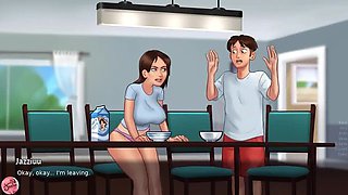 Jazziuu fucks her stepmom's big natural tits in bed - Summertime Saga MILF action